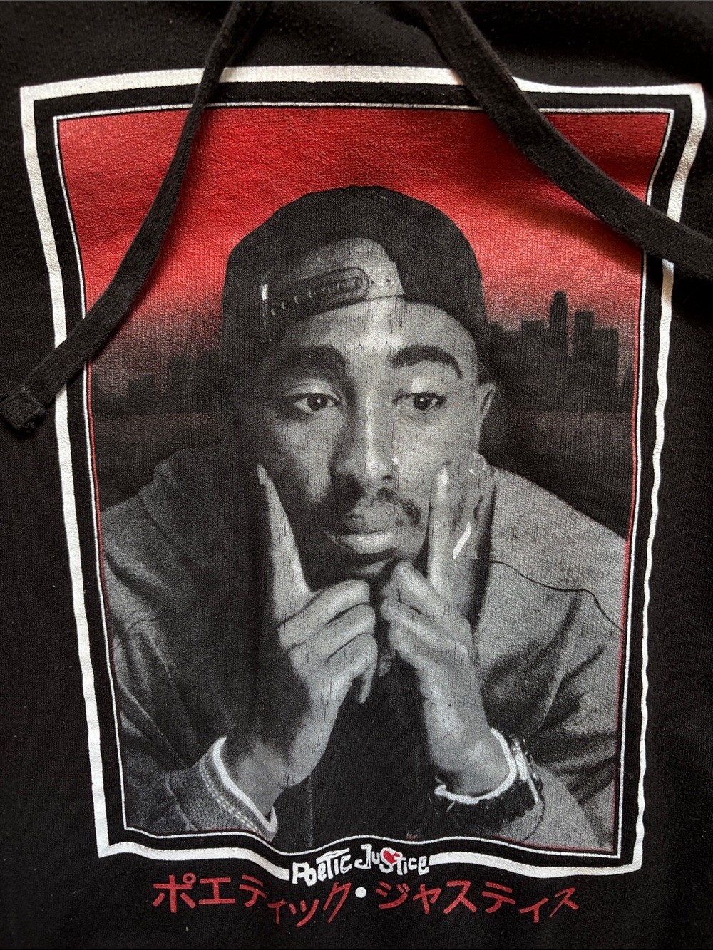Poetic Justice Black 2Pac Hoodie with Checker Sleeve Size Large - Picture 3 of 8